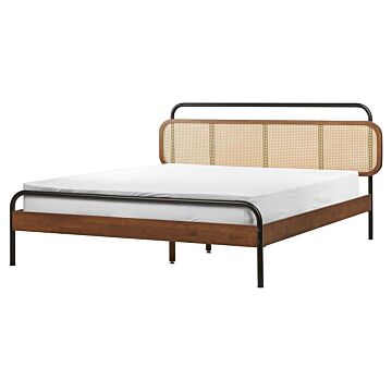 Bed Dark Rubber Wood Eu King Size 5ft3 With Viennese Braid Headboard Slatted Base Modern Minimalistic Rustic Style Bedroom Beliani