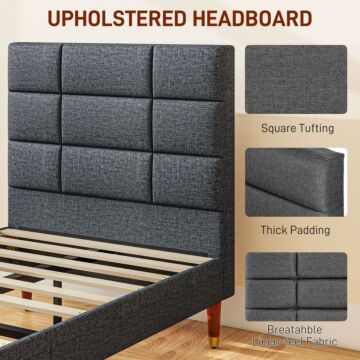 Homcom Upholstered Single Bed Frame, With Slats - Grey