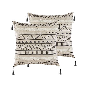 Set Of 2 Cushions Beige And Black Polyester Cover 45 X 45 Cm Decorative Pillows Geometric Pattern Beliani