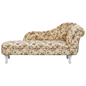 Chaise Lounge Beige Multicolour Right Hand Polyester Fabric Buttoned Nailheads Flower Pattern Beliani