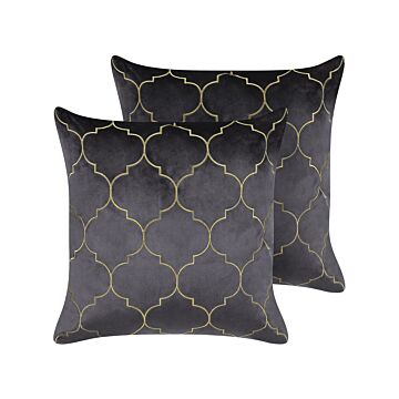 Set Of 2 Decorative Cushions Grey Quatrefoil Pattern 45 X 45 Cm Foil Print Moroccan Clover Glamour Beliani