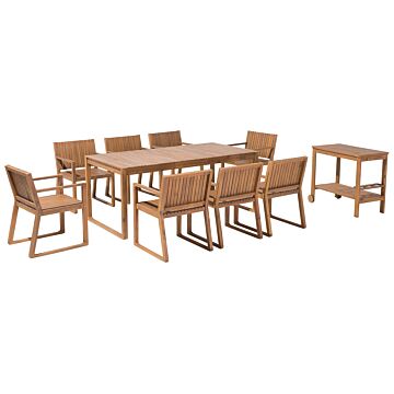 Garden Dining Set Light Acacia Wood Table 8 Chairs Drinks Trolley Rustic Style Beliani