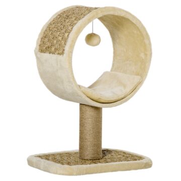 Pawhut 56cm Small Cat Tree For Indoor Cats With Scratching Post, Kitten Tower With Tunnel, Ball Toy, Cushion, Beige