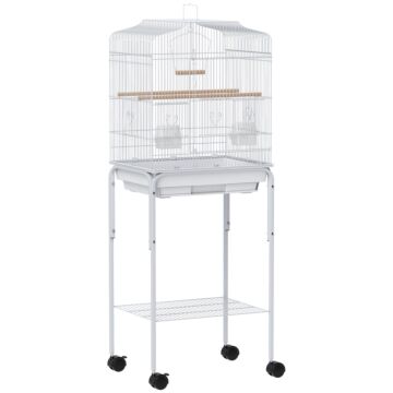 Pawhut Bird Cage Budgie Cages For Finch Canary Parakeet With Stand Wheels Slide-out Tray Accessories Storage Shelf, White