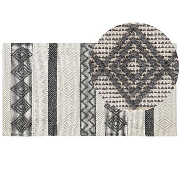 Area Rug Beige And Grey Wool Polyester 80 X 150 Cm Hand Woven Geometric Pattern Boho Living Room Bedroom Beliani