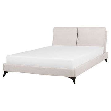 Eu King Size Panel Bed Beige Chenille 5ft3 Slatted Base With Padded Headboard Beliani