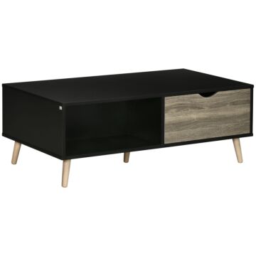Homcom Coffee Table, Modern Tea Table With Open Storage Shelves, Two Drawers And Solid Wood Legs, Coffee Tables For Living Room, Bed Room, Black