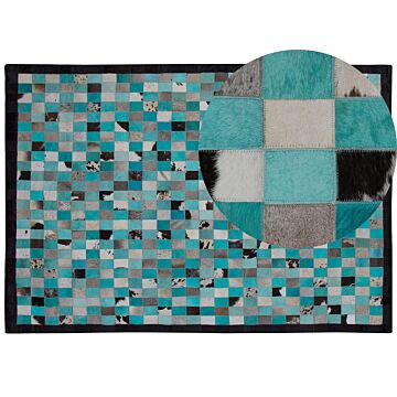 Area Rug Carpet Turquoise And Grey Leather Chequered 160 X 230 Cm Modern Eclectic Beliani