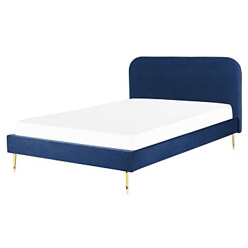 Bed Navy Blue Velvet Upholstery Eu King Size Golden Legs Headboard Slatted Frame 5.3 Ft Minimalist Design Beliani
