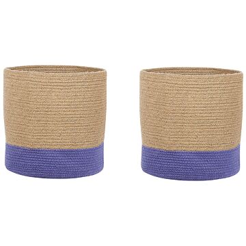 Set Of 2 Storage Baskets Cotton Beige And Violet Braided Laundry Hamper Fabric Bin Beliani