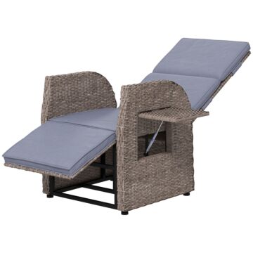 Outsunny Outdoor Pe Rattan Leisure Chair With Cushion, Hand-woven Pe Rattan Recliner Garden Chair With Adjustable Back And Footrest, Patio Deck Chair With Side Table, Brown