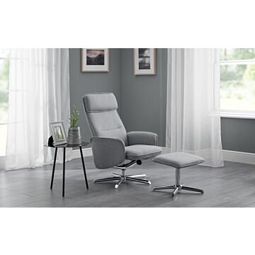 Aria Recliner & Stool With Chrome Base - Grey Linen