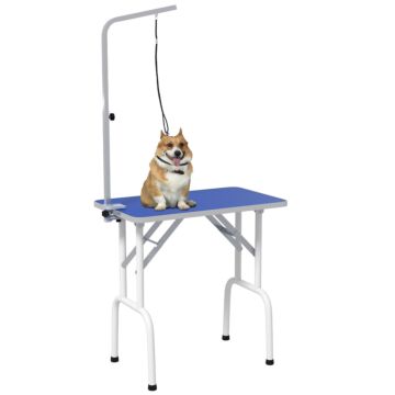 Pawhut 32" Foldable Dog Grooming Table Pet Drying Beauty Table Adjustable Fixed Arm Rubber Top, Blue