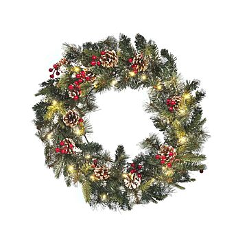 Christmas Wreath Green And White Synthetic Material Round 60 Cm Led Lights Hanging Indoor Accessory Beliani