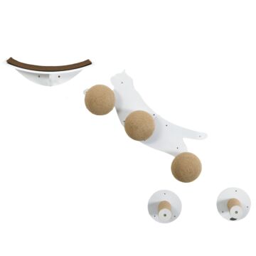 Pawhut 4 Pieces Wall Mounted Cat Shelves, Cat-shaped Platform With Three Scratching Balls, Cat Wall Furniture With Scratching Posts, White