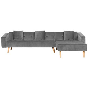 Corner Sofa Bed With 3 Pillows Grey Velvet Upholstery Light Wood Legs Reclining Left Hand Chaise Longue 4 Seater Beliani