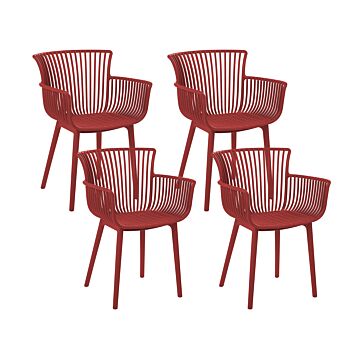 Set Of 4 Dining Chairs Red Plastic Indoor Outdoor Garden With Armrests Minimalistic Style Beliani