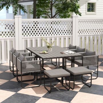 Outsunny 10 Seater Rattan Cube Garden Furniture Set, Rattan Dining Set With Cushions, Outdoor Dining Table And Chairs With 6 Armchairs, 4 Stools, Rectangular Wood Grain Plastic Top Table, Grey