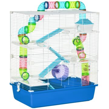 Pawhut Large Hamster Cage, 5-level Gerbil Haven, Small Rodent House, Tunnel Tube System, With Water Bottle, Exercise Wheel, Ramps, 59x36x 69 Cm Blue