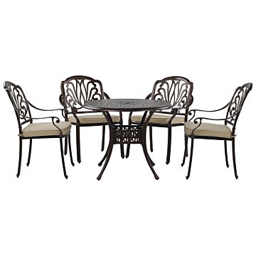 Garden Dining Set Brown Aluminium Outdoor Table 4 Chairs Polyester Seat Pads Beliani