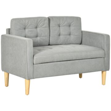 Homcom Modern 2 Seater Sofa With Hidden Storage, 117cm Tufted Cotton Couch, Compact Loveseat Sofa With Wood Legs, Light Grey