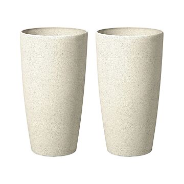 Set Of 2 Plant Pots Beige Stone Tall Flower Planters 31 X 31 X 58 Cm Modern Minimalistic Outdoor Indoor Decor Accessories Beliani