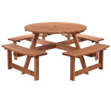 Outsunny 8 Seater Round Wooden Pub Bench Picnic Table Furniture Set For Outdoor Garden Or Patio