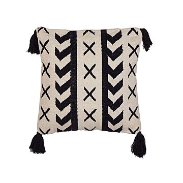 Scatter Cushion Beige And Black Cotton 45 X 45 Cm Geometric Pattern Tassels Handwoven Removable Covers Beliani