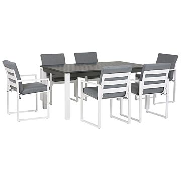 7 Piece Garden Dining Set White Aluminium Extending Table And 6 Chairs With Grey Cushions Beliani