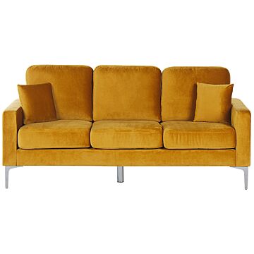 Sofa Yellow Velvet 3 Seater Cushioned Seat And Back Metal Legs With Throw Pillows Beliani