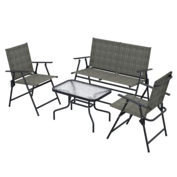 Outsunny 4 Pcs Patio Furniture Set W/ Breathable Mesh Fabric Seat, Backrest, Garden Set W/ Foldable Armchairs, Loveseat, Glass Top Table, Mixed Brown