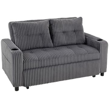 Homcom 2 Seater Click Clack Sofa Bed With Pull Out Design, Corduroy Upholstery - Charcoal Grey