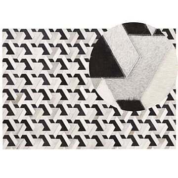 Area Rug Black And White Cowhide Leather 160 X 230 Cm Geometric Pattern Patchwork Beliani