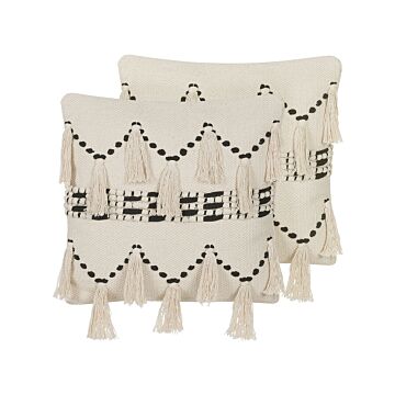 Set Of 2 Decorative Cushions Beige Cotton 45 X 45 Cm With Tassels Boho Decor Beliani