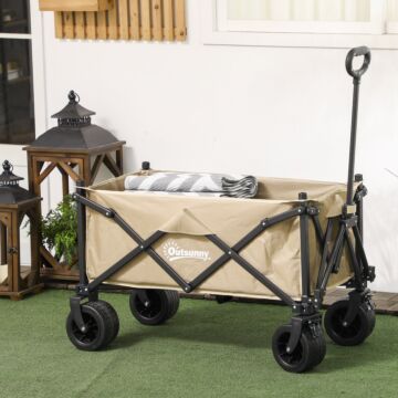 Outsunny Folding Garden Trolley, Outdoor Wagon Cart With Carry Bag, 120kg Capacity, Khaki