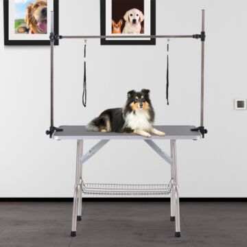 Pawhut Adjustable Dog Grooming Table Rubber Top 2 Safety Slings Mesh Storage Basket Heavy Metal Black 107 X 60 X 170cm