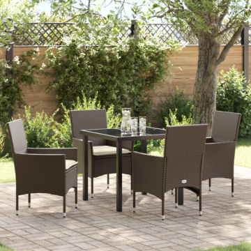 Vidaxl 5 Piece Garden Dining Set With Cushions Brown Poly Rattan, Vidaxl Garden Table Black 80x80x73 Cm Tempered Glass