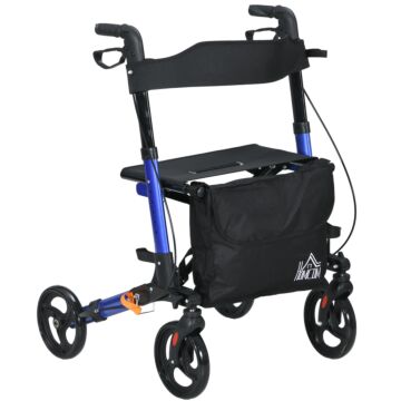 Homcom 4 Wheel Rollator With Seat And Back, Folding Mobility Walker, Adjustable Height, Dual Brakes, Cane Holder, Lightweight Aluminium