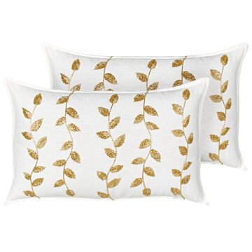 Set Of 2 Scatter Cushions White And Gold Cotton 30 X 50 Cm Rectangular Handmade Throw Pillow Embroidered Leaves Pattern Flower Motif Removable Cover Beliani