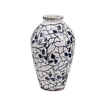 Flower Vase White And Blue Stoneware 22 Cm Floral Pattern Modern Design Indoor Pot Beliani