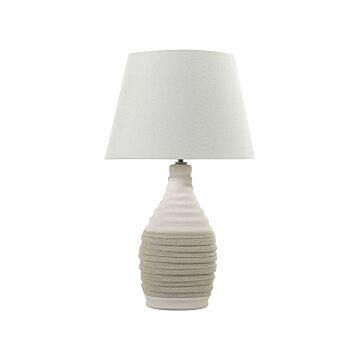 Table Lamp White Ceramic Base Linen Cone Shade Bedside Table Lamp Beliani