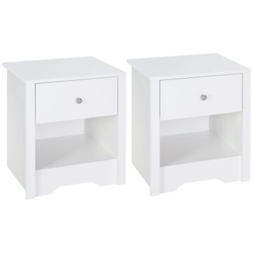 Homcom Modern Bedside Table, Nightstand With Drawer Shelf, End Table For Living Room, Bedroom, Set Of 2, White