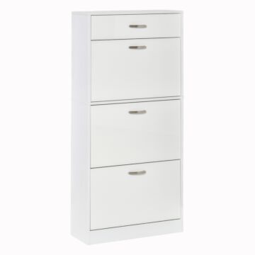 Homcom Shoe Cabinet With 4 Drawers Storage High Gloss Cupboard With Flip Doors Pull Down Furniture Unit With Adjustable Shelves For 18 Pairs White