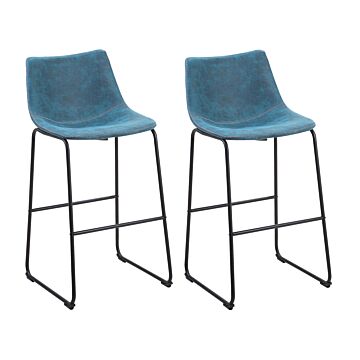 Set Of 2 Bar Stools Blue Fabric Upholstery Black Metal Legs Footstool Industrial Beliani