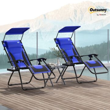 Outsunny Zero Gravity Lounger Chair Set Of 2, Folding Reclining Patio Chair With Shade Cover, Cup Holder, Soft Cushion And Headrest For Poolside, Camping, Blue