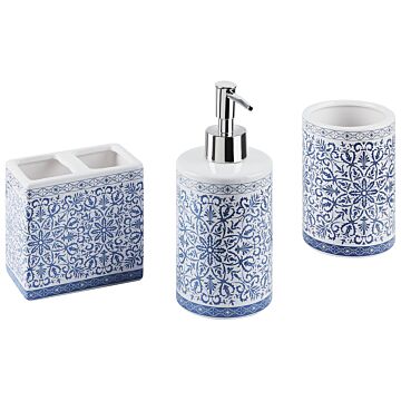 Bathroom Accessories Set Blue And White Dolomite Coastal Soap Dispenser Toothbrush Holder Container Beliani