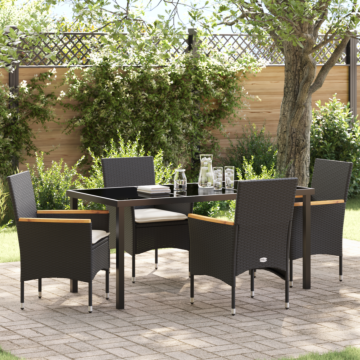 Vidaxl 5 Piece Garden Dining Set With Cushions Black Poly Rattan, Vidaxl Garden Table Black 160x80x73 Cm Tempered Glass