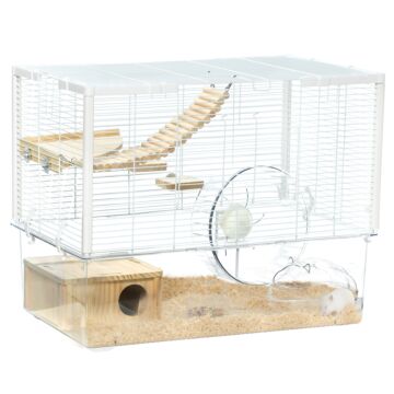 Pawhut Hamster Cage, Gerbilarium Cage, Wooden Ramp, Exercise Wheel, Food Bowl, Natural Tone And White