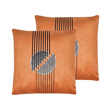 Set Of 2 Scatter Cushions Orange Velvet 45 X 45 Cm Glamour Zipper Geometric Pattern Living Room Bedroom Beliani