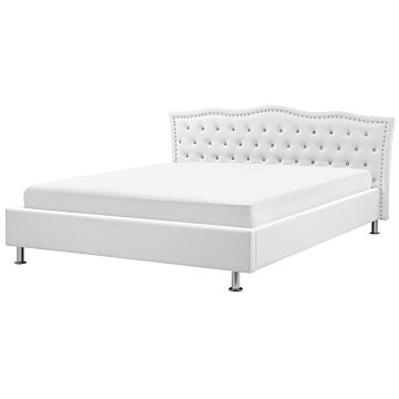 Eu Super King Size Bed White Faux Leather 6ft Upholstered Frame Nailhead Trim Crystal Buttons Headrest Beliani